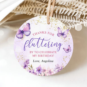 Étiquettes Cadeau Papillon floral pourpre et or 1er anniversaire