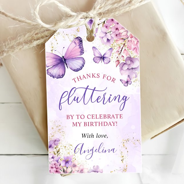 Étiquettes-cadeau Papillon Floral Violet et Or pour 1er Anniversaire (Créateur téléchargé)