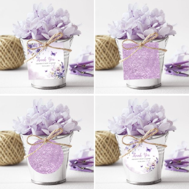 Étiquettes Cadeau Papillon floral violet Fille Baby shower Merci (Créateur téléchargé)