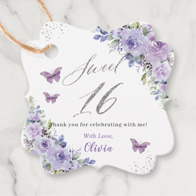 Étiquettes Cadeau Papillon floral violet Lilac Sweet sixteen argenté (Devant)
