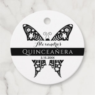 Étiquettes Cadeau Papillon Quinceanera noir et blanc