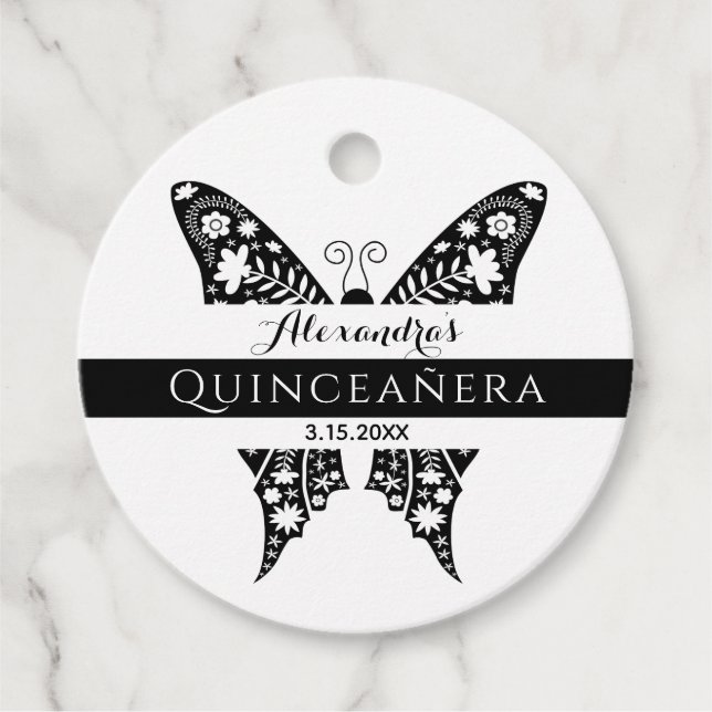 Étiquettes Cadeau Papillon Quinceanera noir et blanc (Devant)