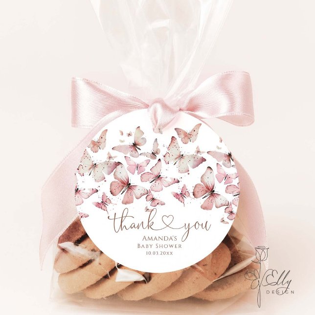 Étiquettes Cadeau Papillon rose floral fille Baby shower Merci (Créateur téléchargé)
