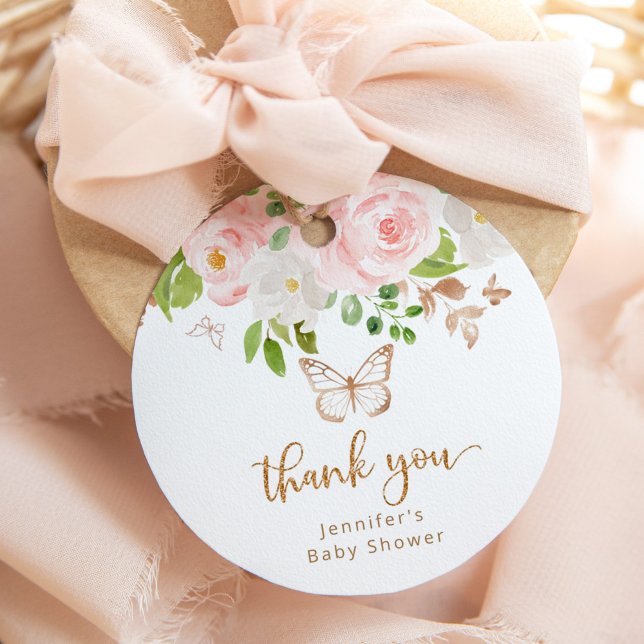 Étiquettes Cadeau papillon rose floral merci (Créateur téléchargé)
