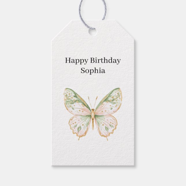 Étiquettes-cadeau Papillon Rose Menthe Anniversaire (Devant)