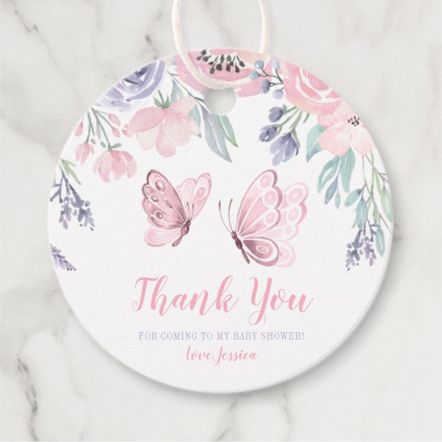 Étiquettes Cadeau Papillon rose violet Baby shower de fille papillon (Devant)