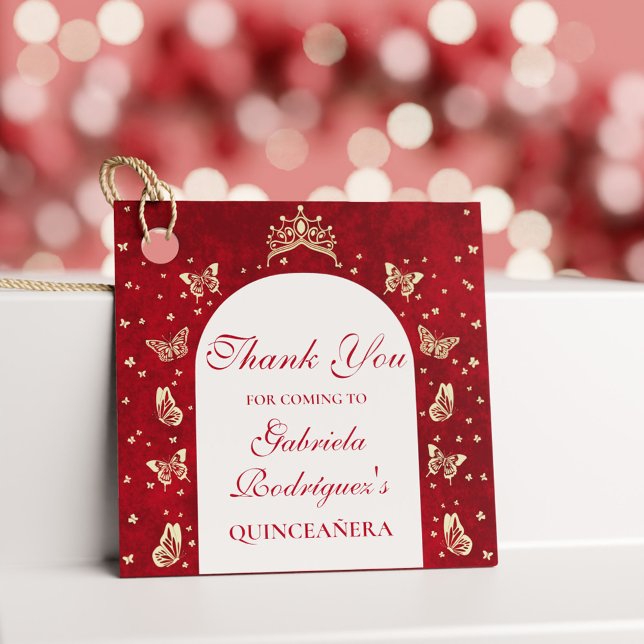 Étiquettes Cadeau Papillon Rouge Or Quinceañera Tiara Mis Quince (Gold Red Quinceañera Butterfly Tiara Mis Quince Favor Tags)