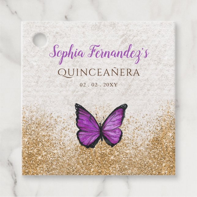 Étiquettes Cadeau Papillon Violet Doré Rustique Vintage  (Devant)