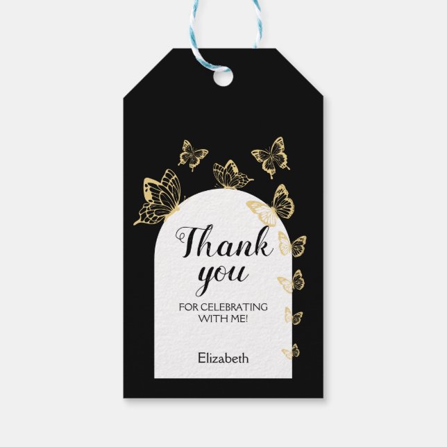 Étiquettes-cadeau Papillons Black Gold moderne Fabuleux anniversaire (Dos)
