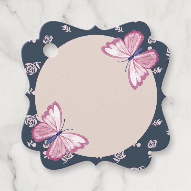 Étiquettes Cadeau papillons bleu marine rose floral fantaisie (Devant)