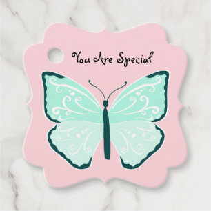 Étiquettes Cadeau Papillons Bleus Pastel sur Pretty Light Rose