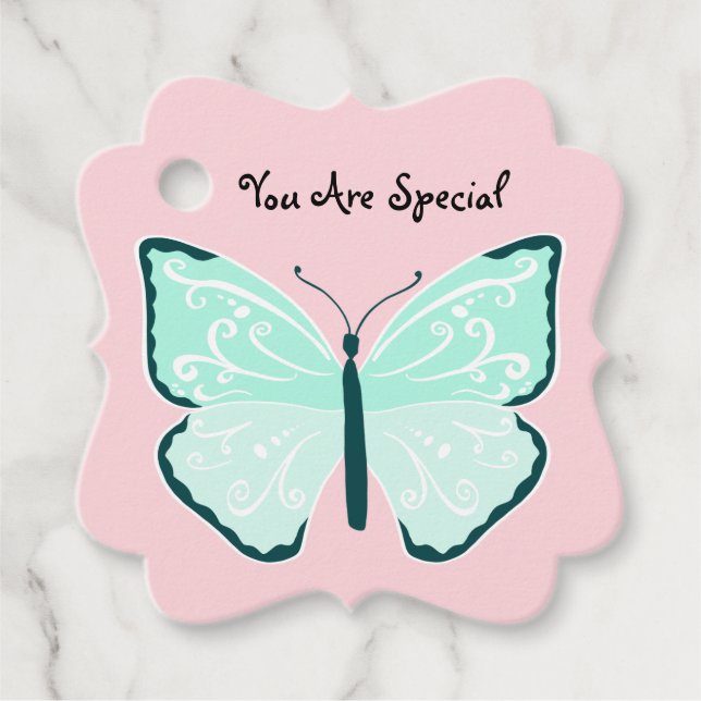 Étiquettes Cadeau Papillons Bleus Pastel sur Pretty Light Rose (Devant)