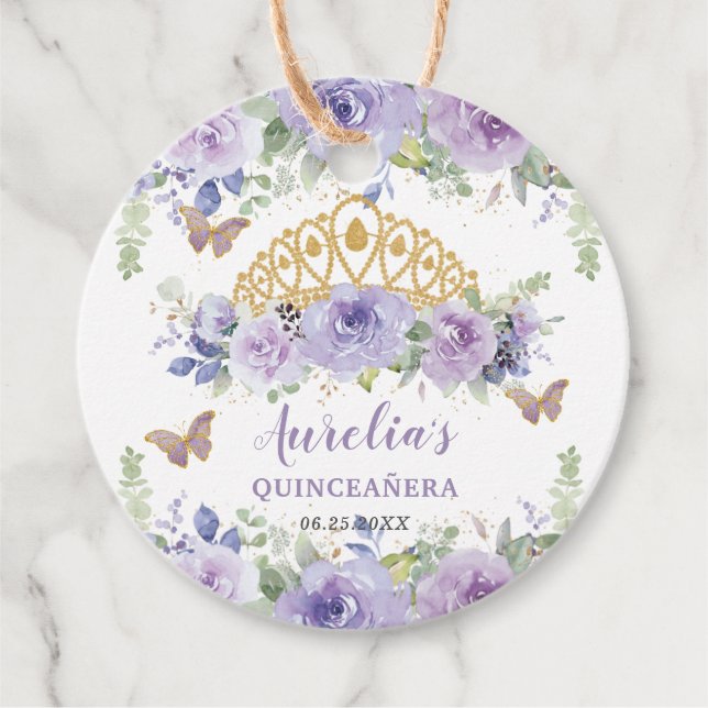 Étiquettes Cadeau Papillons de la Couronne de Quinceañera Floral Lil (Devant)