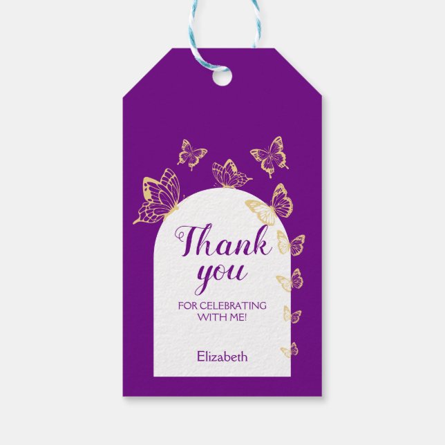 Étiquettes-cadeau Papillons d'or violet moderne Fabuleux anniversair (Dos)