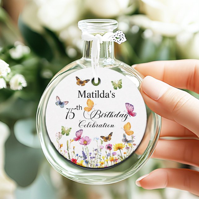 Étiquettes Cadeau Papillons et Fleur sauvage Élégant 75e anniversair (Créateur téléchargé)