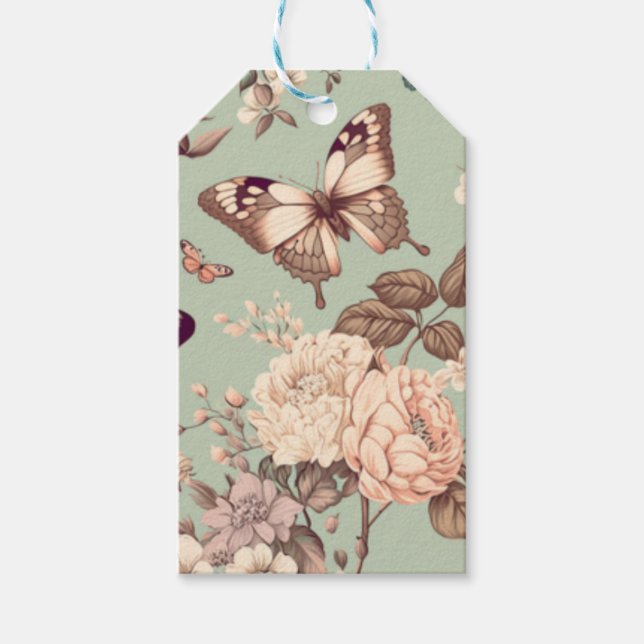 Étiquettes-cadeau Papillons et fleurs ω vue ρ décor vert clair (Devant)