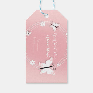 Étiquettes-cadeau Papillons et fleurs roses et blancs, cadeau de fêt