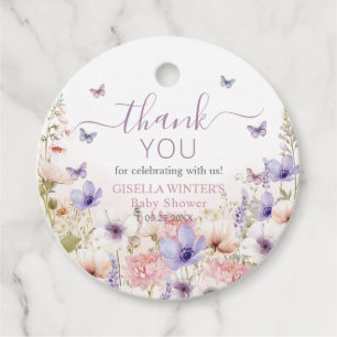 Étiquettes Cadeau Papillons Fleurs sauvages violets rose bébé en fle
