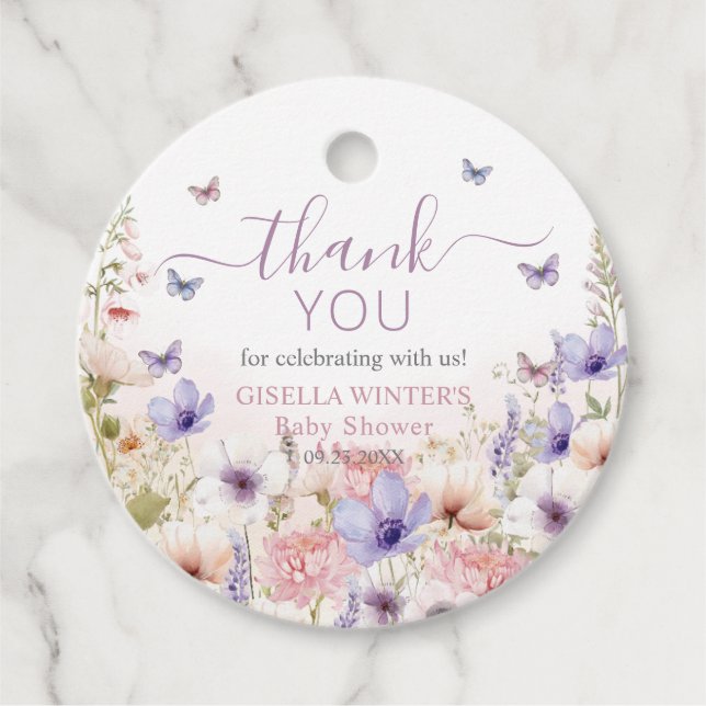 Étiquettes Cadeau Papillons Fleurs sauvages violets rose bébé en fle (Devant)