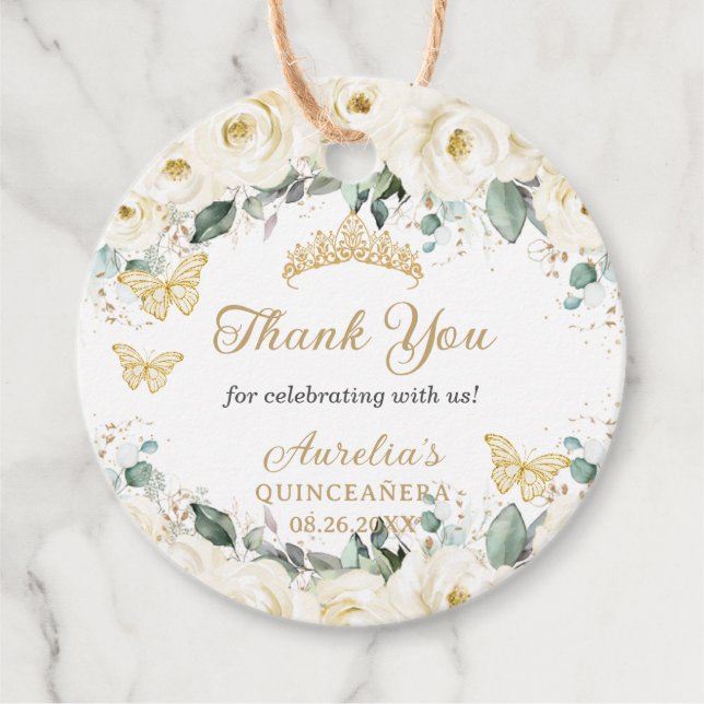 Étiquettes Cadeau Papillons floraux d'ivoire blanc Princesse Tiara (Devant)