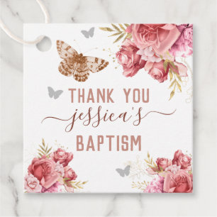 Étiquettes Cadeau Papillons floraux Merci rose Baptême