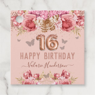 Étiquettes Cadeau Papillons floraux rose joyeux 16e anniversaire