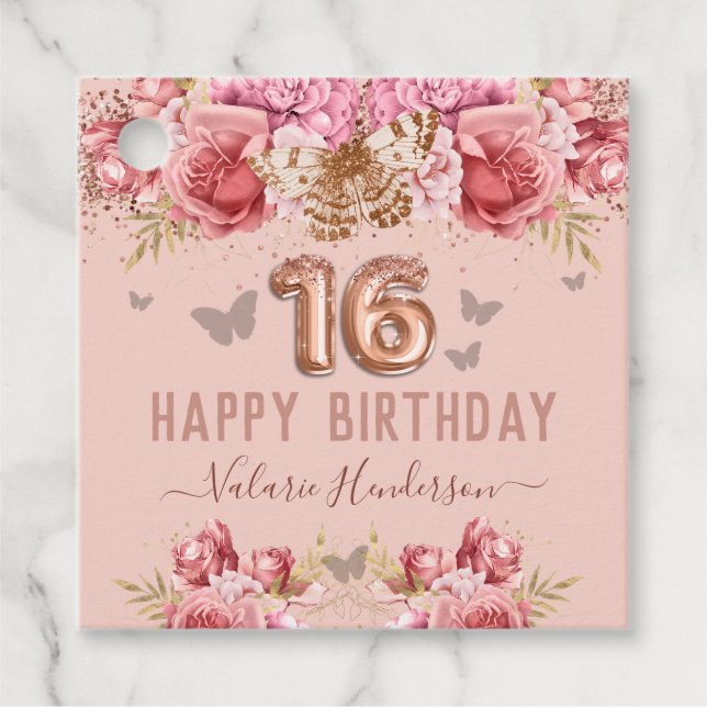 Étiquettes Cadeau Papillons floraux rose joyeux 16e anniversaire (Devant)