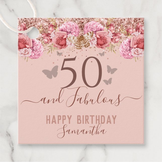 Étiquettes Cadeau Papillons floraux rose joyeux 50e anniversaire (Devant)