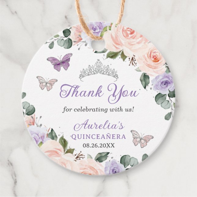 Étiquettes Cadeau Papillons floraux violets chic Couronne argentée (Devant)