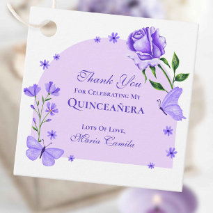 Étiquettes Cadeau Papillons pourpres et Rose Floral Quinceañera