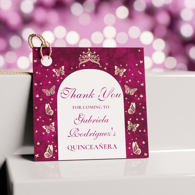 Étiquettes Cadeau Papillons Tiara en or rose 15 ans Merci (Pink Gold Tiara Butterflies 15 years old Thank You Favor Tags)