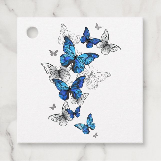Étiquettes Cadeau Papillons volants bleus Morpho (Devant)
