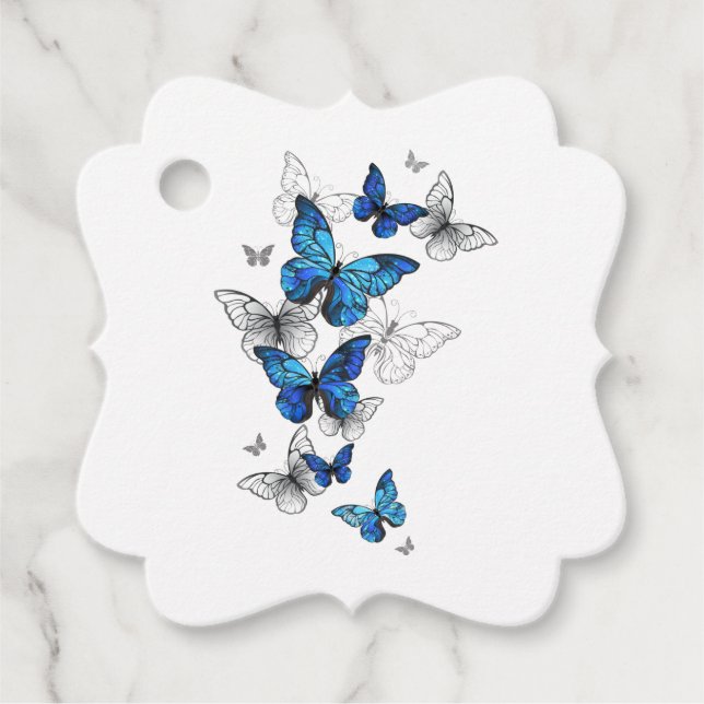 Étiquettes Cadeau Papillons volants bleus Morpho (Devant)
