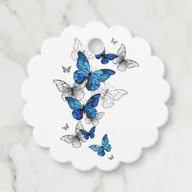Étiquettes Cadeau Papillons volants bleus Morpho (Devant)