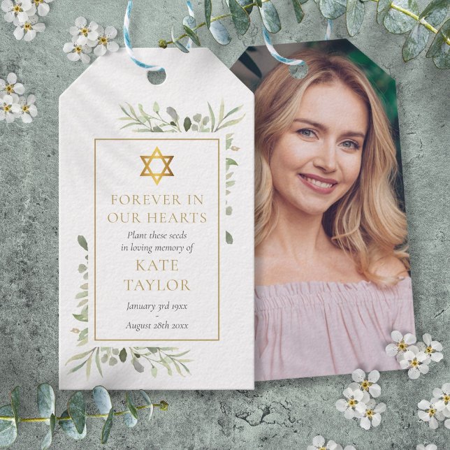 Étiquettes-cadeau Paquet de graines funéraires juives vertes (Greenery Jewish Funeral Seed Packet Photo Gift Tags)