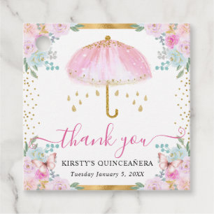 Étiquettes Cadeau Parapluie de Quinceanera rose et or à l'aquarelle 