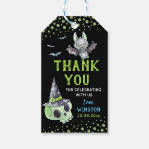 Étiquettes-cadeau Pari crâne vert éffrayant Halloween Merci
