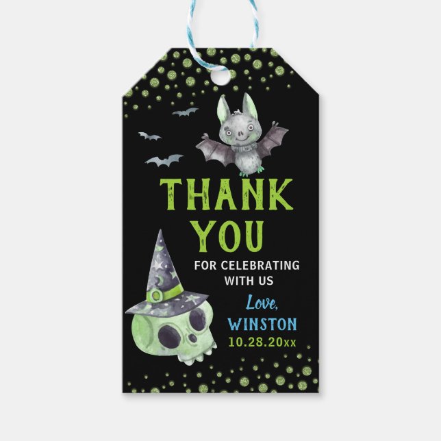 Étiquettes-cadeau Pari crâne vert éffrayant Halloween Merci (Devant)