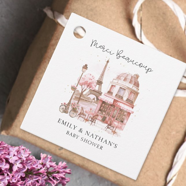 Étiquettes Cadeau Paris Café Aquarelle Script Baby shower Merci (Créateur téléchargé)