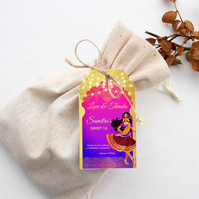 Étiquettes-cadeau Parti d'anniversaire des filles de Bollywood (Indian Bollywood girls birthday party thank you favor Gift Tags pink and gold cartoon caricature)