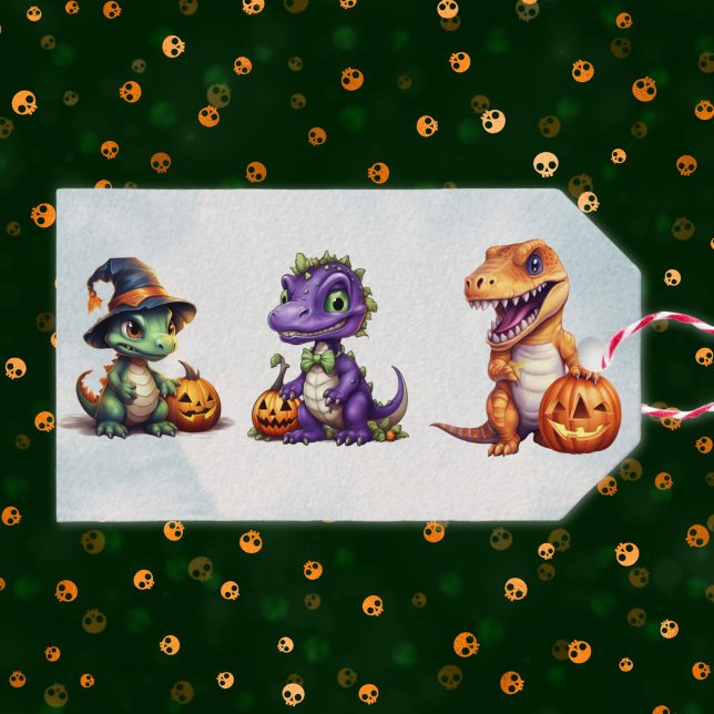Étiquettes-cadeau Parti Dino-Mash d'Halloween (Adorable triple dinosaur Halloween gift tag)