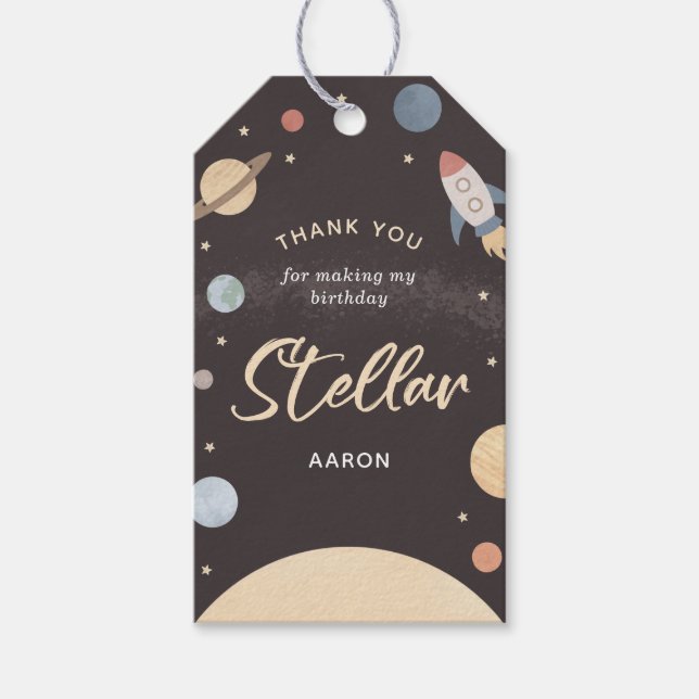 Étiquettes-cadeau Partie d'anniversaire de l'espace extra-atmosphéri (Devant)