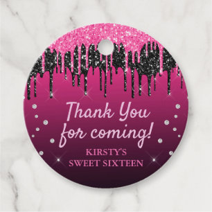 Étiquettes Cadeau Parties scintillant à séchage noir et rose glamour