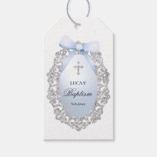 Étiquettes-cadeau Parties scintillant Argent Cadre Bleu Bow Baptême