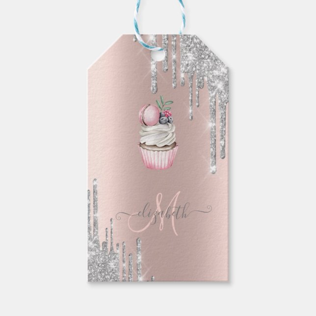 Étiquettes-cadeau Parties scintillant argent Rose Monogramme  Cupcak (Devant)