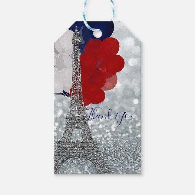 Étiquettes-cadeau Parties scintillant Argent Tour Eiffel Rouge Blanc (Devant)
