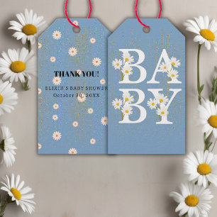 Étiquettes-cadeau Parties scintillant bleue Golden Daisy Baby shower