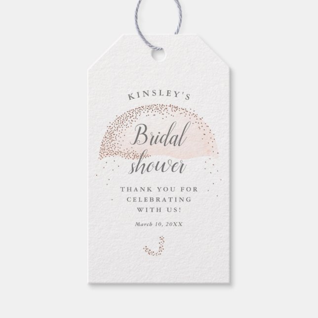 Étiquettes-cadeau Parties scintillant blush parapluie douche nuptial (Devant)