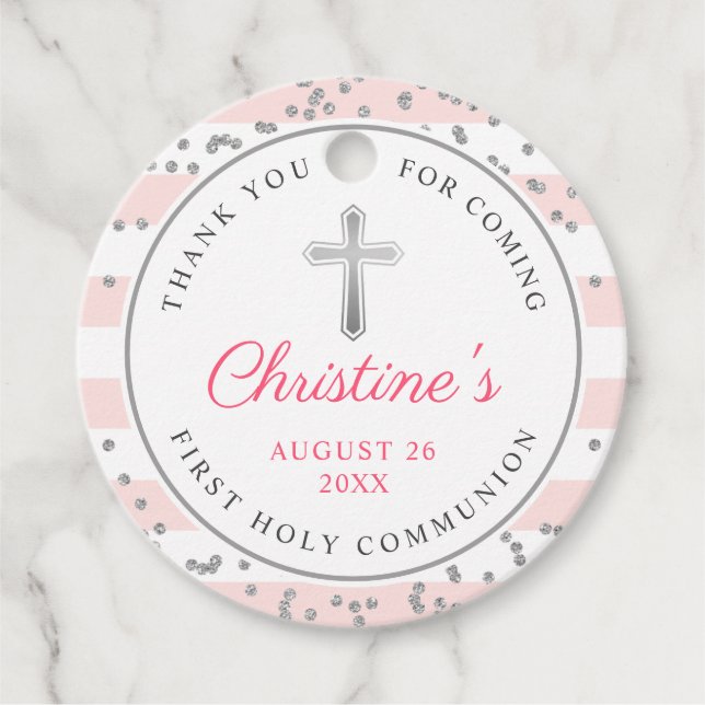 Étiquettes Cadeau Parties scintillant d'argent Clair rose rayures pr (Devant)