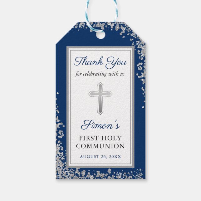 Étiquettes-cadeau Parties scintillant d'argent Marine Bleu Première  (Devant)